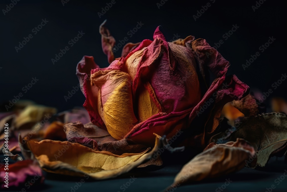 dried up rose petals Macroscopic photography. Background is amorphous. Close up of a wilted plant. G