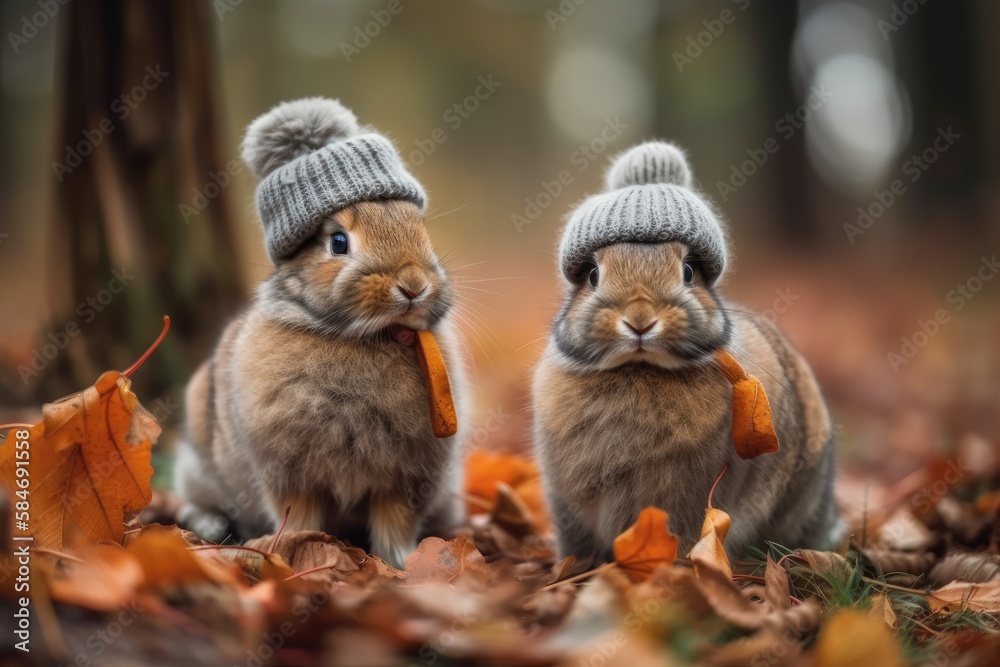 Two adorable young rabbits in autumnal garb wearing knitted wool hats. Generative AI