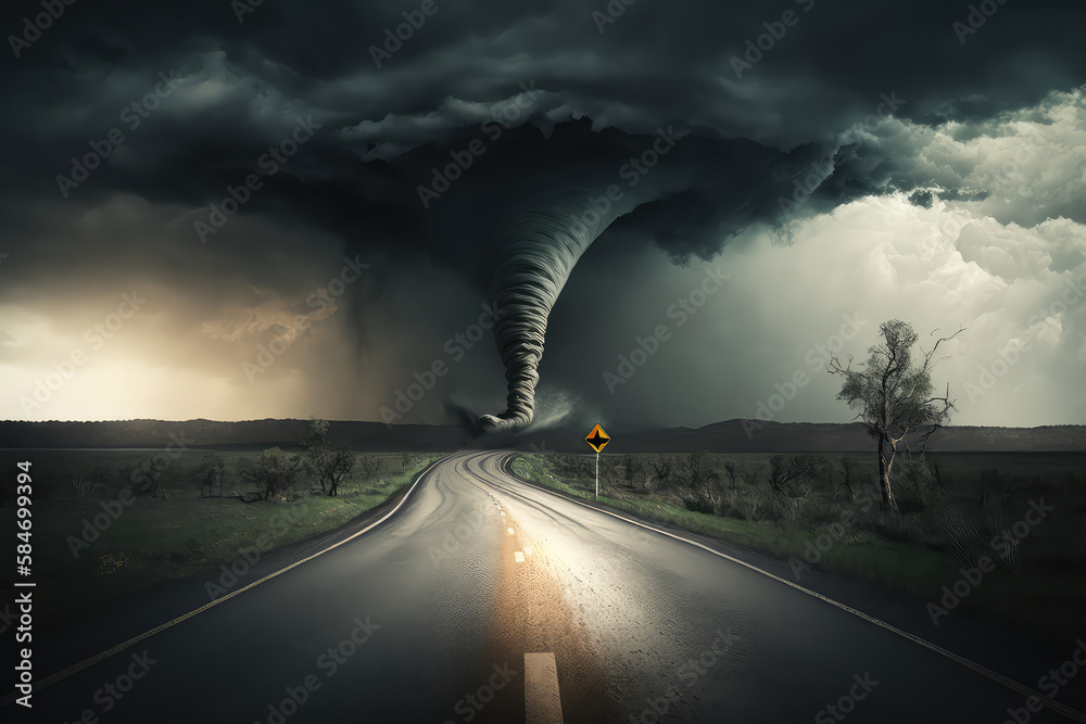 Powerful Tornado On Road In Stormy Landscape (ai generated)