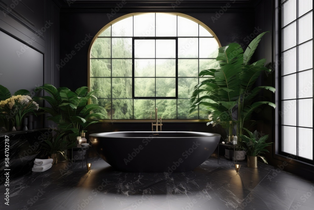 Stylish, opulent black bathroom with bathtub, plant, black marble tile, and wide windows letting in 