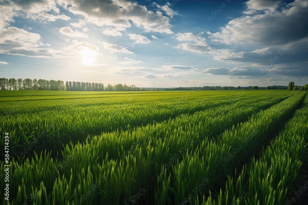 A farm field with fresh green wheat sprouts, a sunny spring landscape, and a blue sky in the distanc