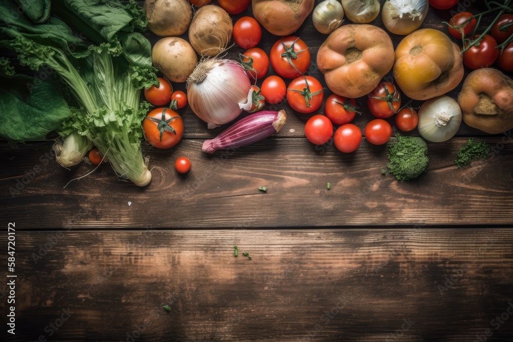 Vegetables overhead close up shot on an aged wooden background. Generative AI