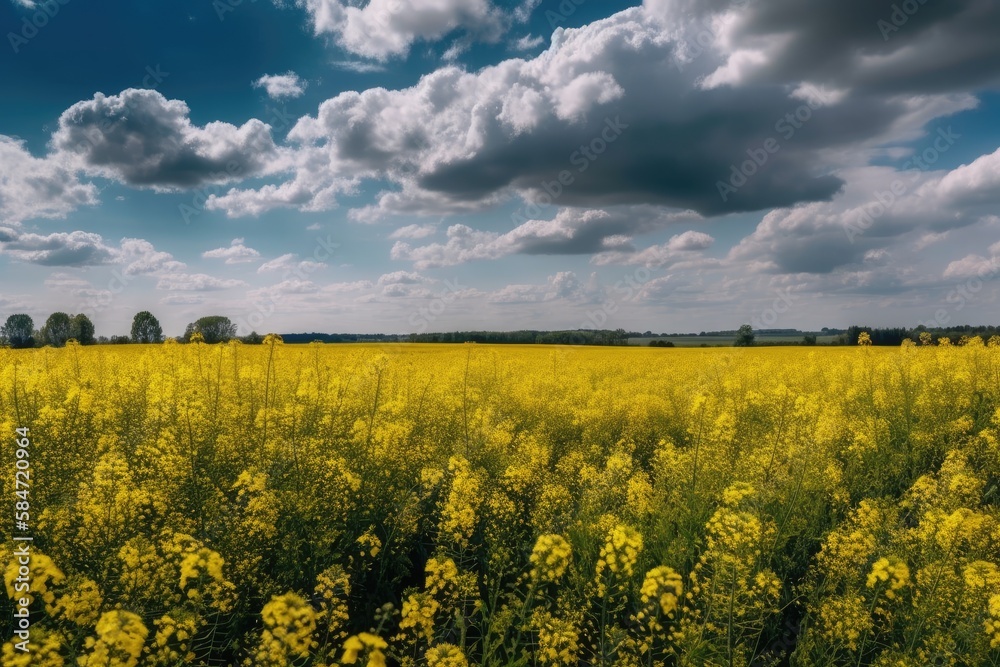 rapeseed field blue sky clouds summer beautiful view panorama landscape yellow flowers field blossom