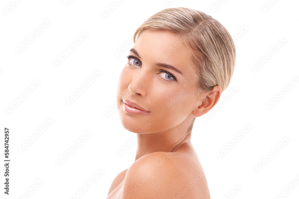 Makeup, beauty and face portrait of a woman on an isolated and transparent png background for skinca