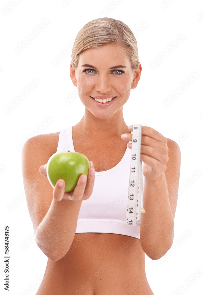 Woman, portrait and apple with measure tape for wellness or diet on an isolated and transparent png 