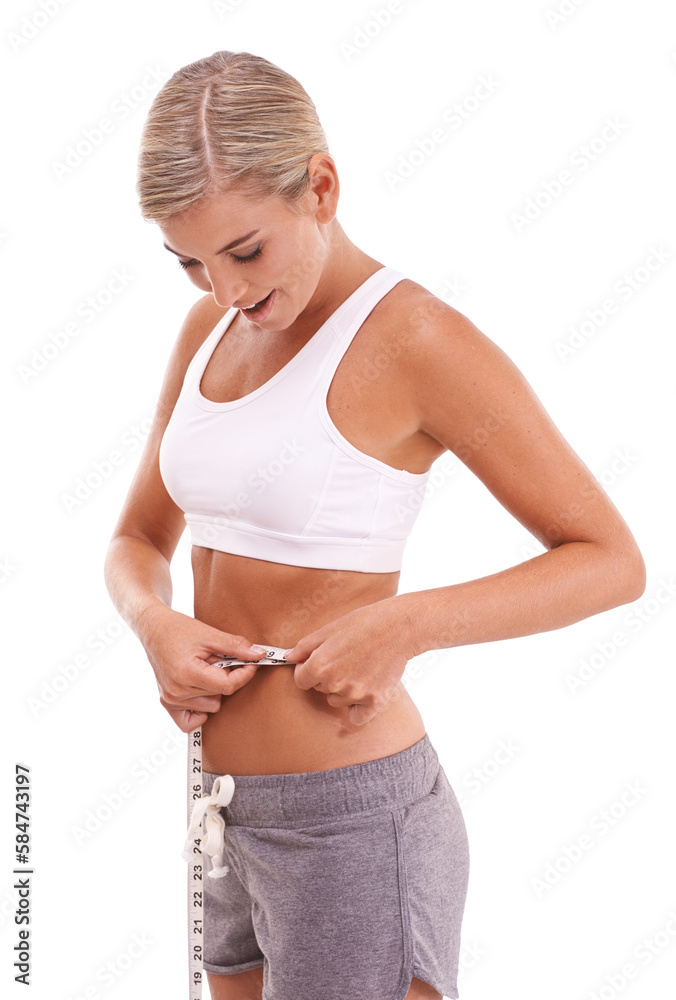 Health, fitness and woman with tape measure for abdomen on an isolated, transparent png background. 