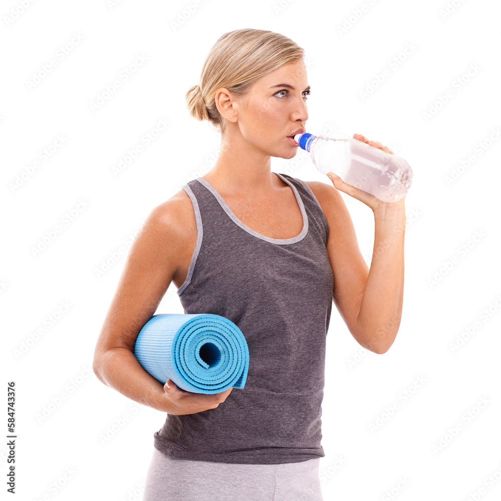 Yoga, exercise mat and woman drinking water for hydration, fitness lifestyle or pilates workout. Hea