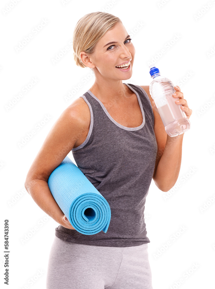 Yoga, mat and portrait of woman with water bottle for hydration, fitness exercise or pilates workout