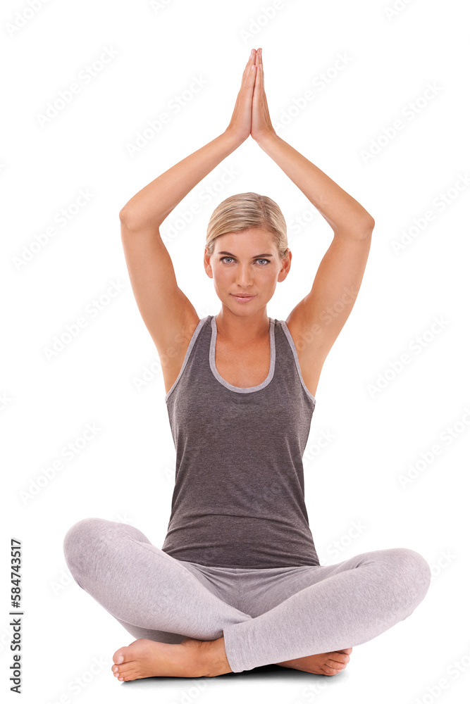 Yoga meditation, fitness and portrait of woman meditate for, spiritual soul aura or chakra energy he