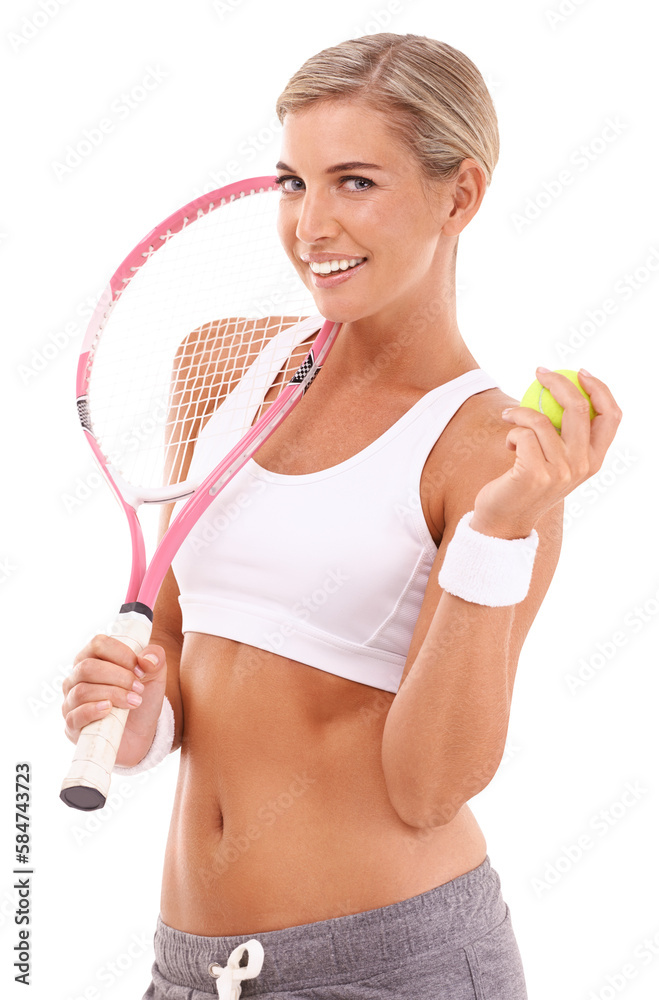 Tennis woman, portrait and racket with smile for health, sport and fitness on an isolated and transp