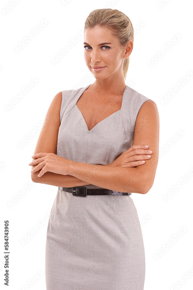 Business, fashion and portrait of a woman on an isolated and transparent png background with crossed