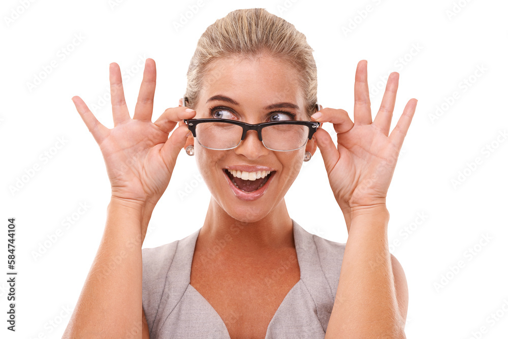 Shock, excited and portrait of a woman with glasses on an isolated, transparent png background with 