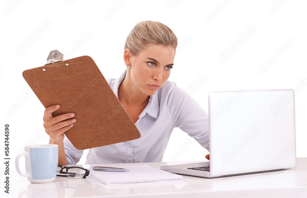 Serious business woman, laptop or clipboard on an isolated, transparent png background for cv review