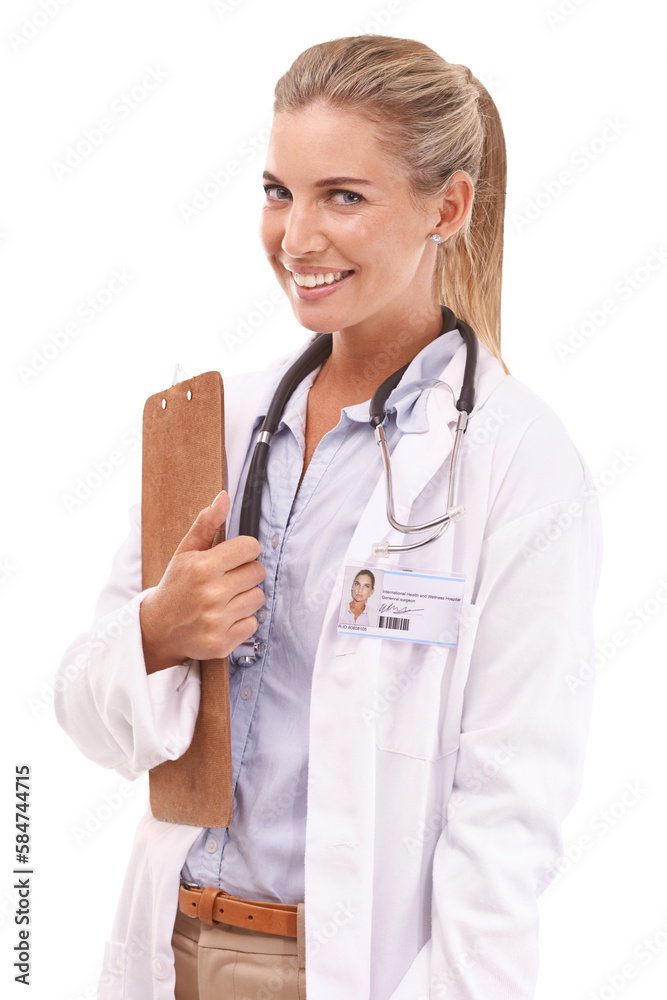 Portrait, healthcare doctor and woman with checklist on an isolated, transparent png background. Fac