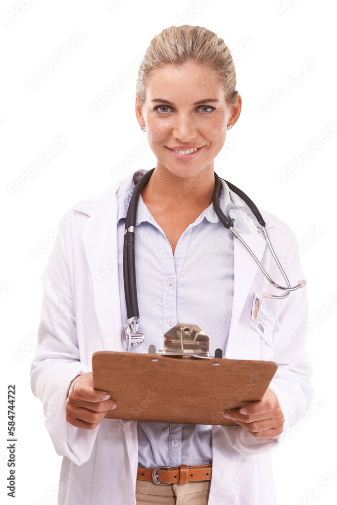 Portrait, woman and healthcare doctor with checklist on an isolated, transparent png background. Fac