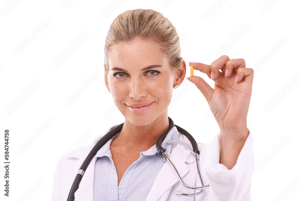 Portrait, pills and healthcare with a doctor woman on an isolated, transparent png background for he