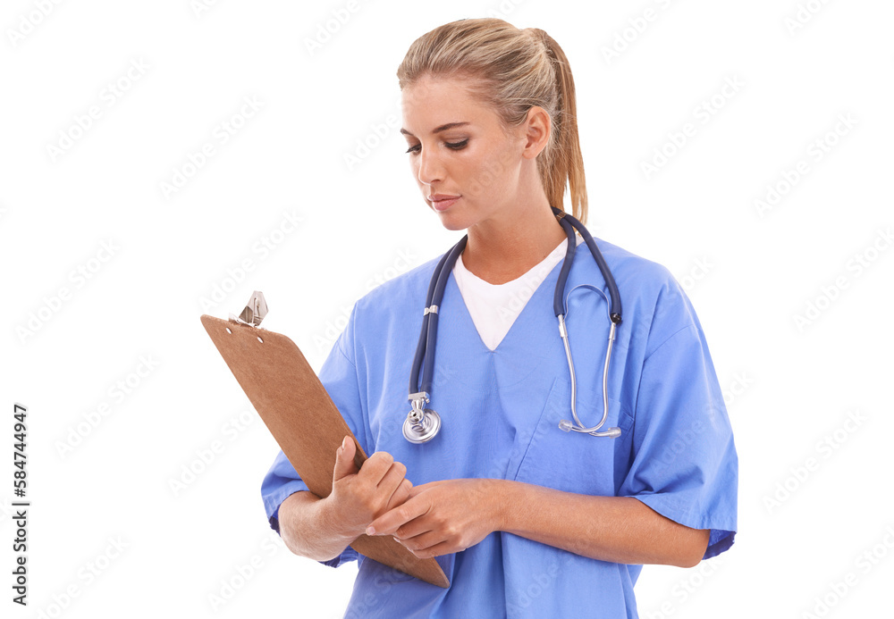 Healthcare, doctor and woman with clipboard and paper form for planning on an isolated, transparent 