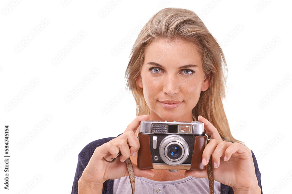 Photography, portrait and woman with a vintage camera on an isolated, transparent png background for