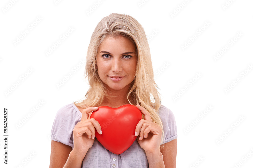 Heart, love and portrait of woman with red object, romantic product or emoji icon for Valentines Day