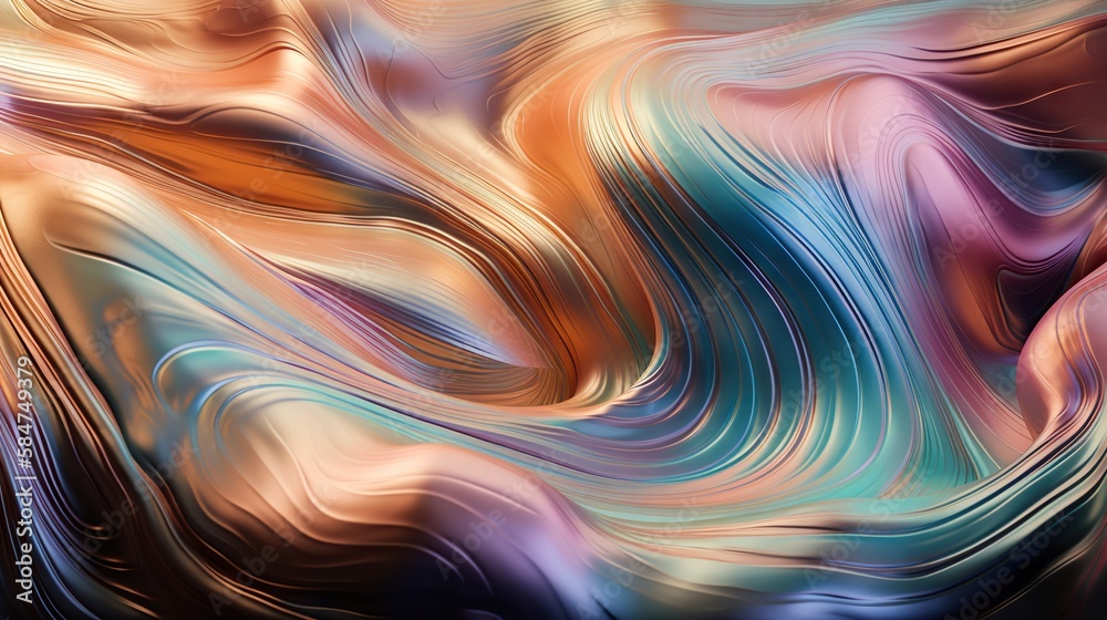 Wavy holographic foil. Neon gradient crumpled surface. Dreamy Y2K background. Generative AI