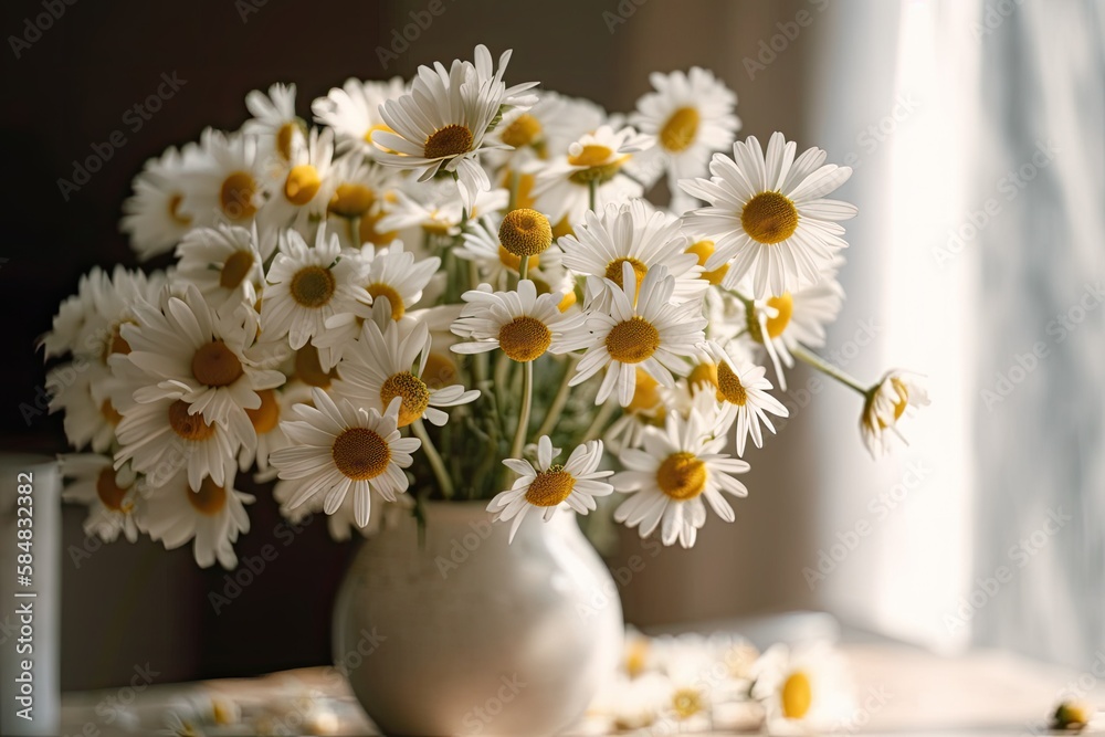 Daisy blooms in sunlight on white backdrop. Simple summer decor. Modern ceramic vase with daisies in