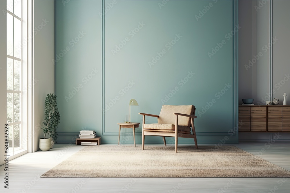 Scandinavian living room mockup, wooden chair on vacant pastel blue backdrop, basic panoramic design