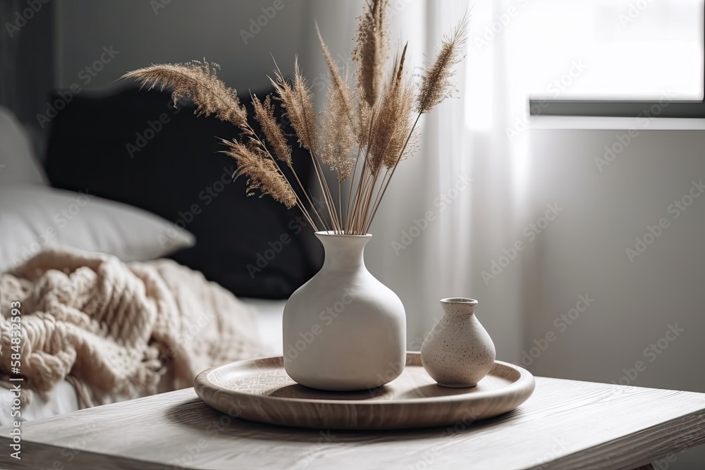 Contemporary white ceramic vase with dried Lagurus ovatus grass and marble tray on old wooden seat, 