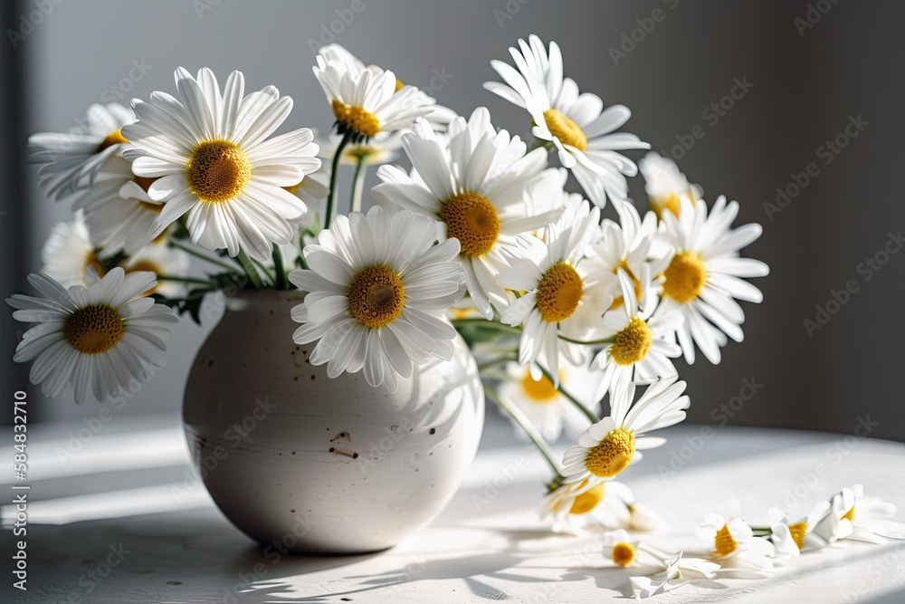 Sun lit daisies on white backdrop. Simple summer decor. Modern ceramic vase with daisies in bohemian