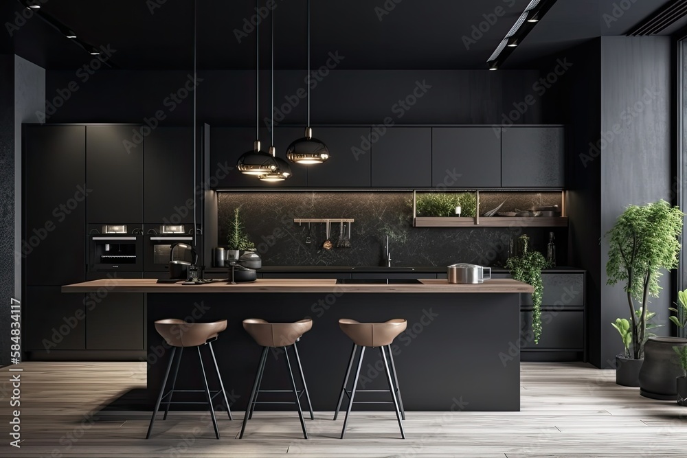 Dark walled modern kitchen design. Generative AI