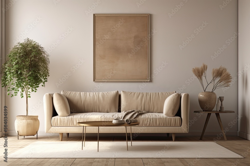 Blank wall, couch, and décor in beige. sketch. Generative AI