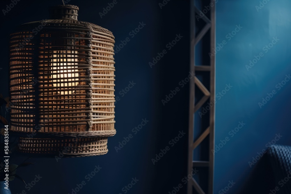 Interior decoration idea. Vertical shot of half wicker lamp against deep blue wall with text space. 