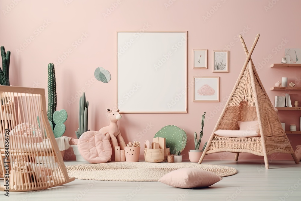 Mock up poster in pastel room with natural wicker and wooden toys,. Generative AI