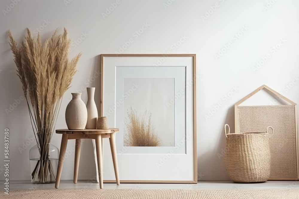 Empty vertical picture frame on contemporary living room white wall. Scandi boho interior mockup. Fr