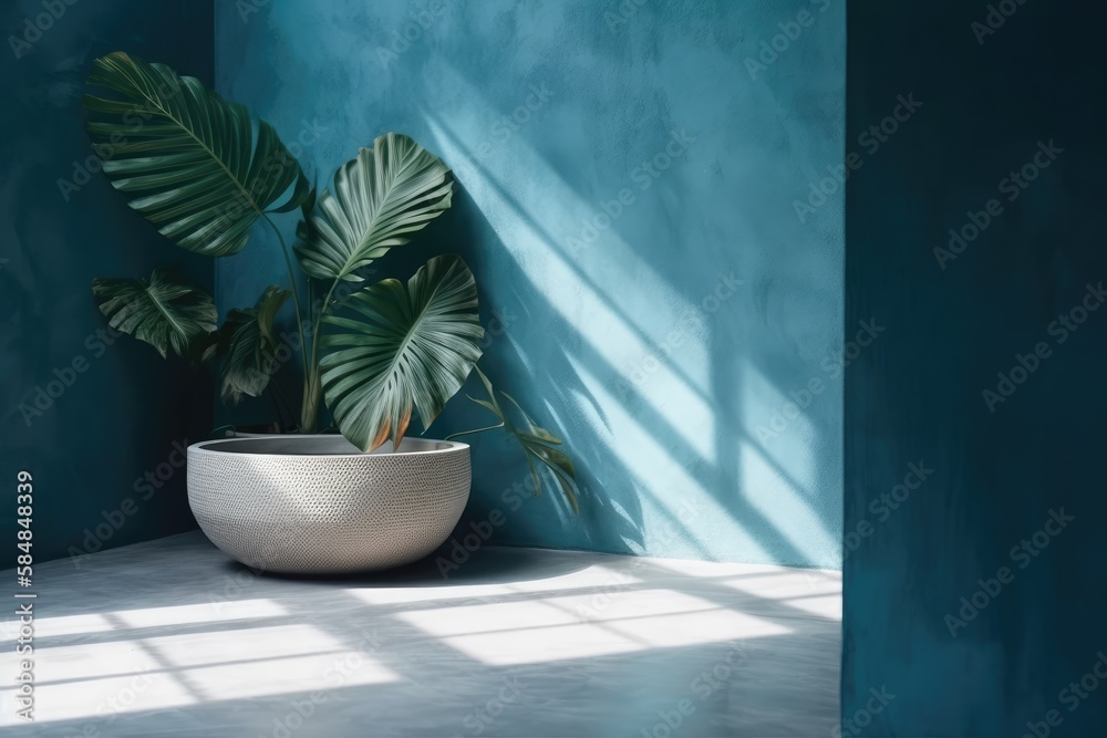 Blue concrete wall with plant shadow for beauty and cosmetic product placement. Fashion brand showca