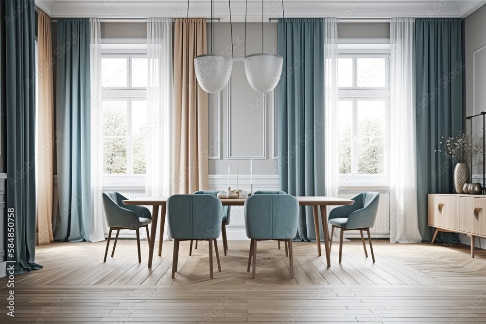 Minimalist modern wooden dining room with blue tones with table, chairs, drapes, and parquet floor. 