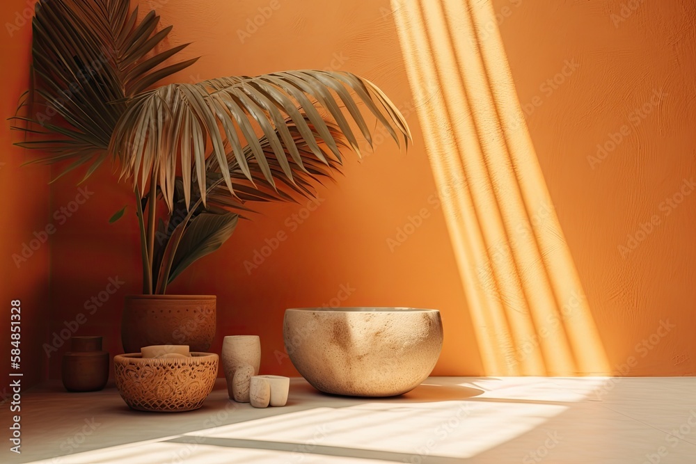 Simple product placement background with plaster wall palm shadow. Summer luxury interior design. Bo