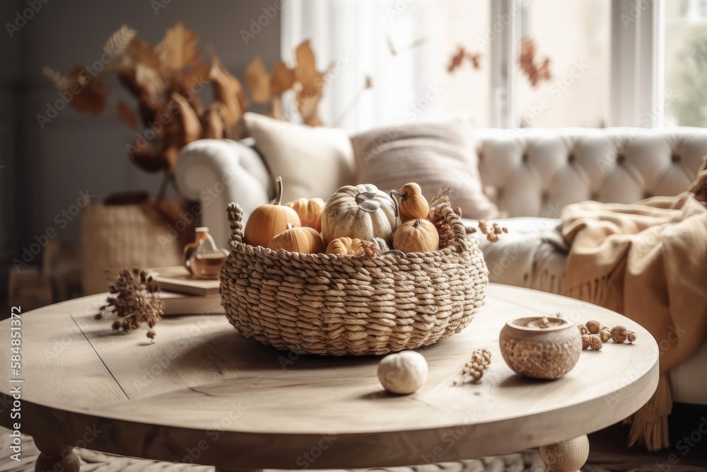 Closeup of white and beige vintage living room. Sofa, autumn themed rattan table. acorn and dried le