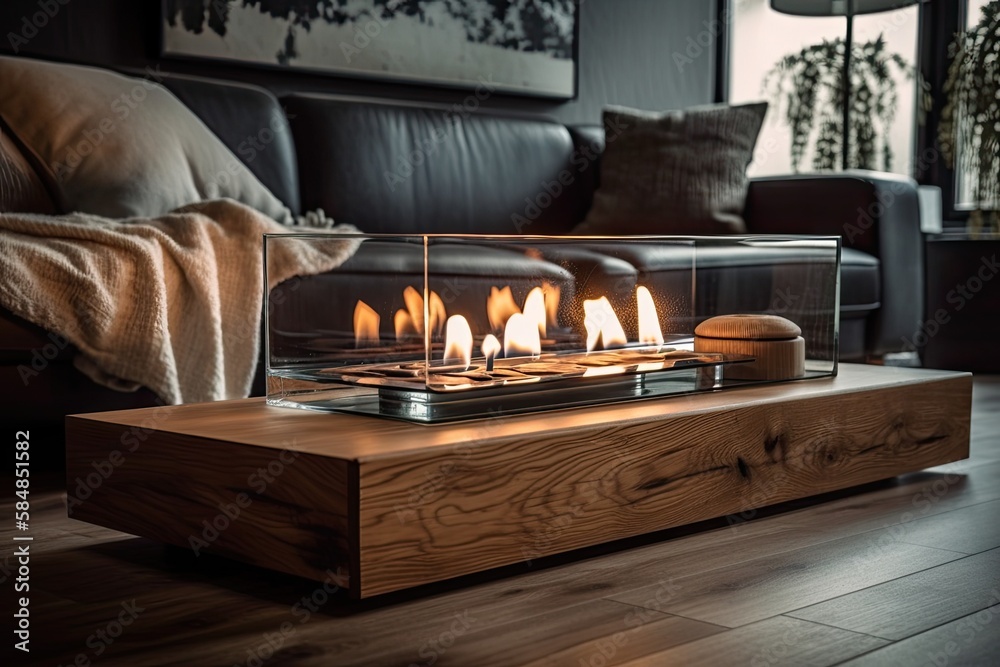 Bio ethanol fireplace on living room wooden table. Fall house decor. Generative AI