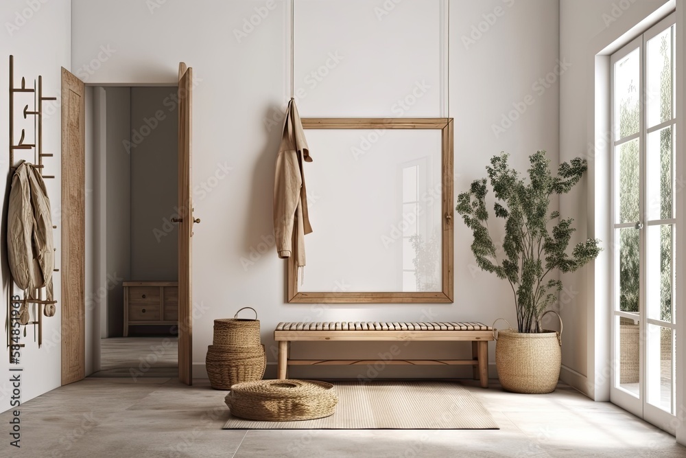 home interior in foyer with wooden bench, plant, bucket, hook, hanger, floor lamp, cloth, empty fram