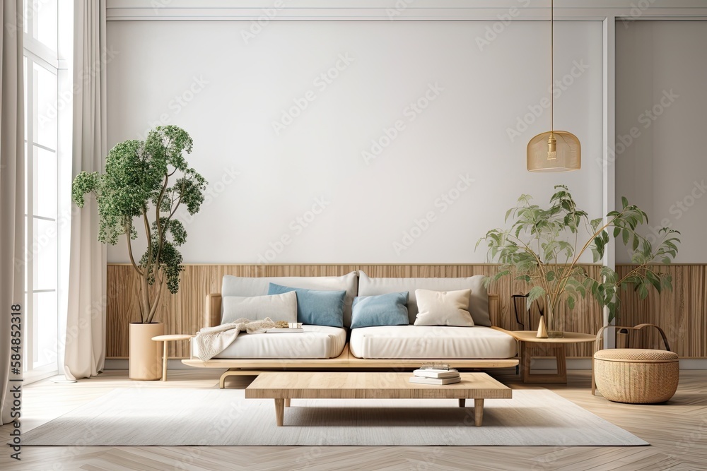 Contemporary comfy living room. Empty wall mockup. Art. wall background,. Generative AI