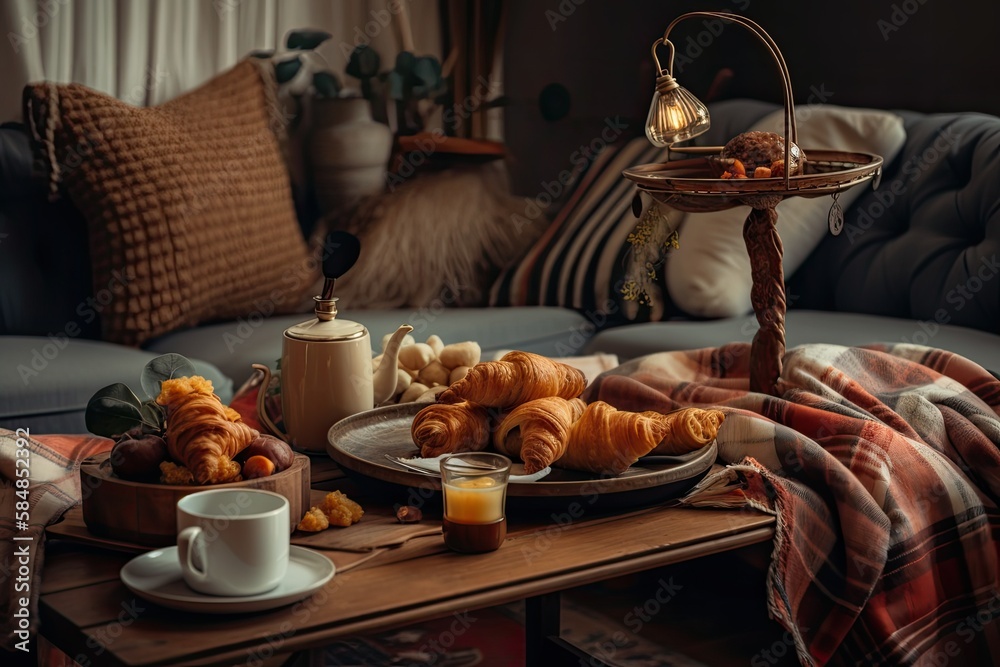 Breakfast platter with traditional Chinese tea and baked croissant on sofa beside plaid and pillows.