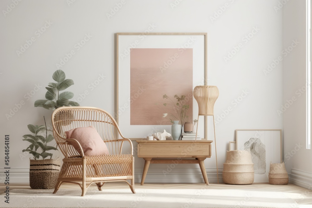 Mockup frame with interior backdrop, soft pastel room with rattan furniture, coastal style,. Generat