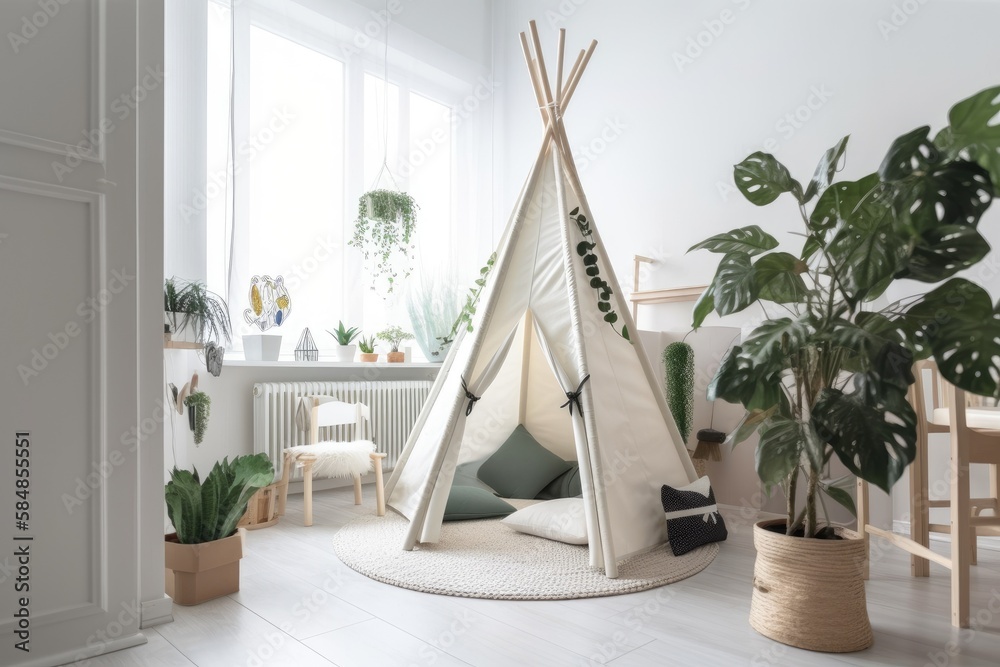 White wigwam with green eucalypus branches within. White teepe kids room. Copies. Generative AI