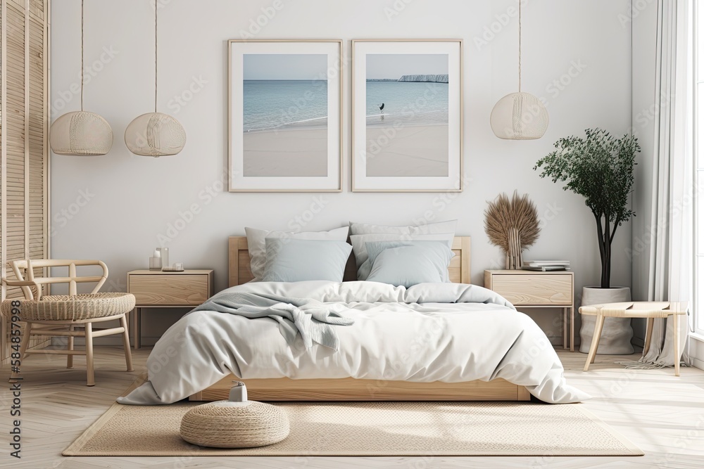 Scandinavian bedroom poster frame mock up ,. Generative AI