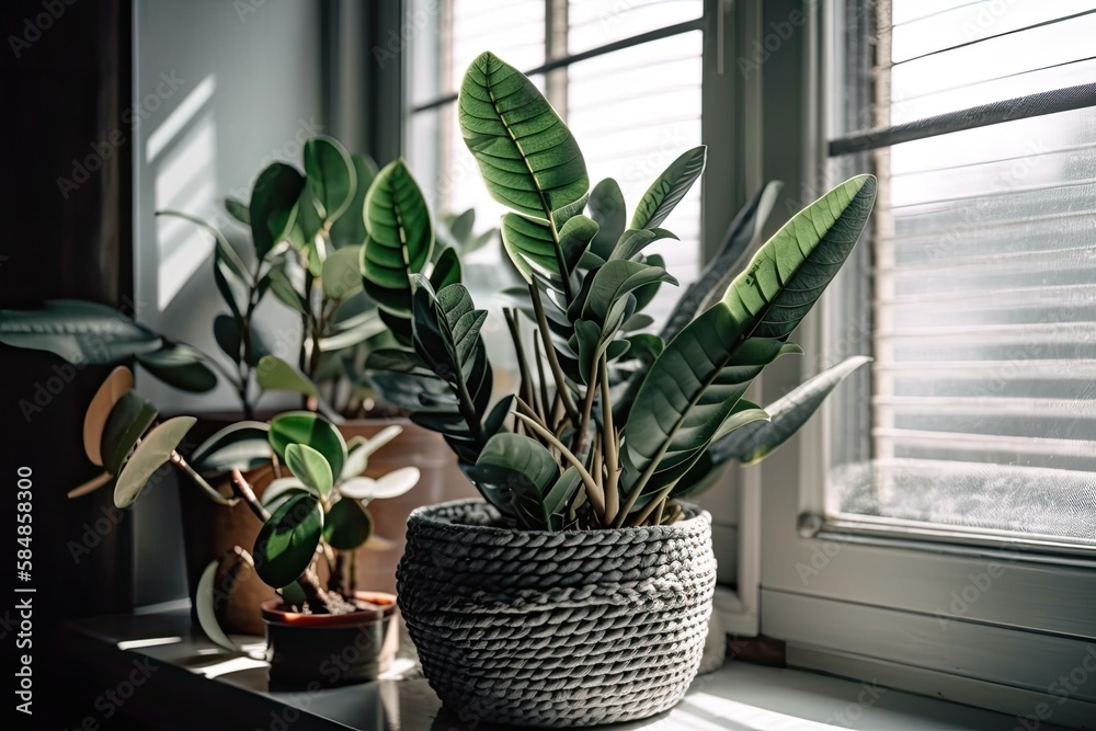 Straw potted Zamioculcas on windowsill. Windowsill plants. home gardening. Home windowsill zamioculc