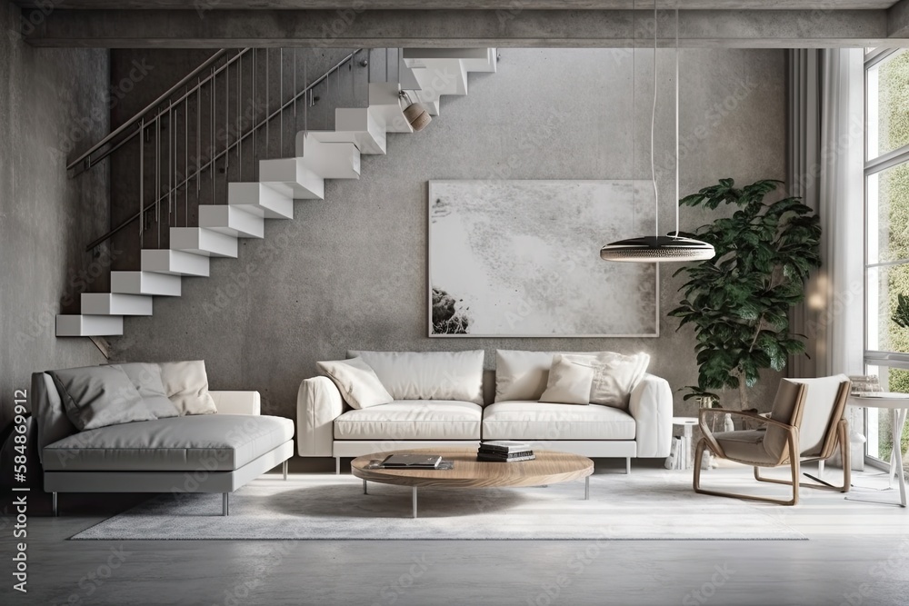 Contemporary white loft living room wall mockup,. Generative AI