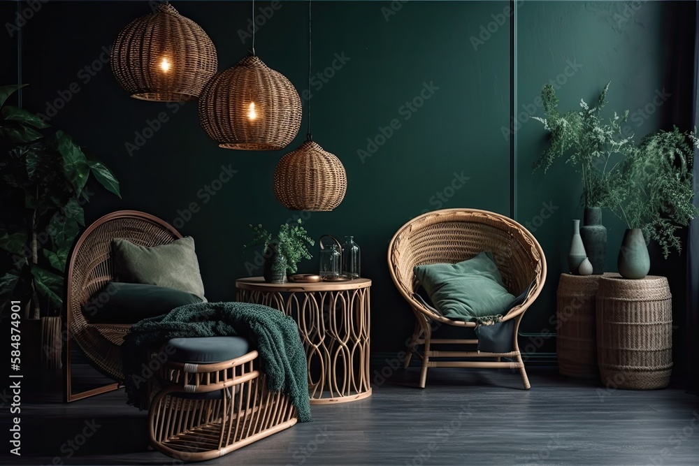 Rattan furniture and decor in dark green living room,. Generative AI