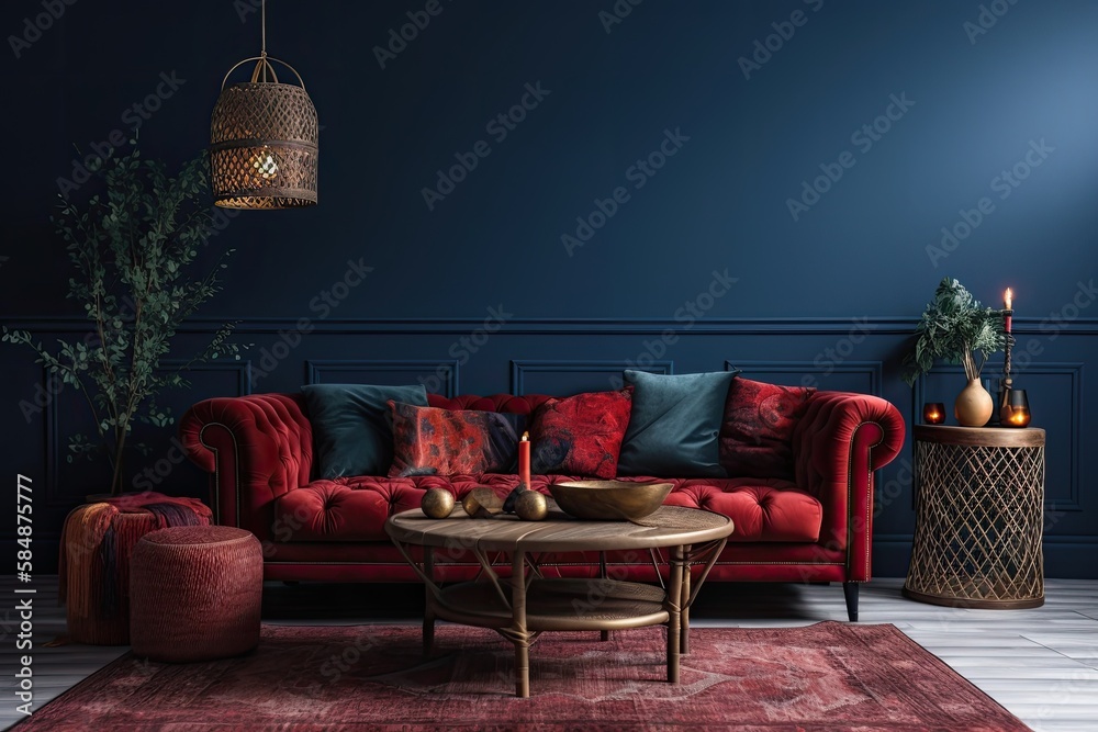 Living room mock up with red couch, wooden table, and rattan home furniture on dark blue backdrop,. 