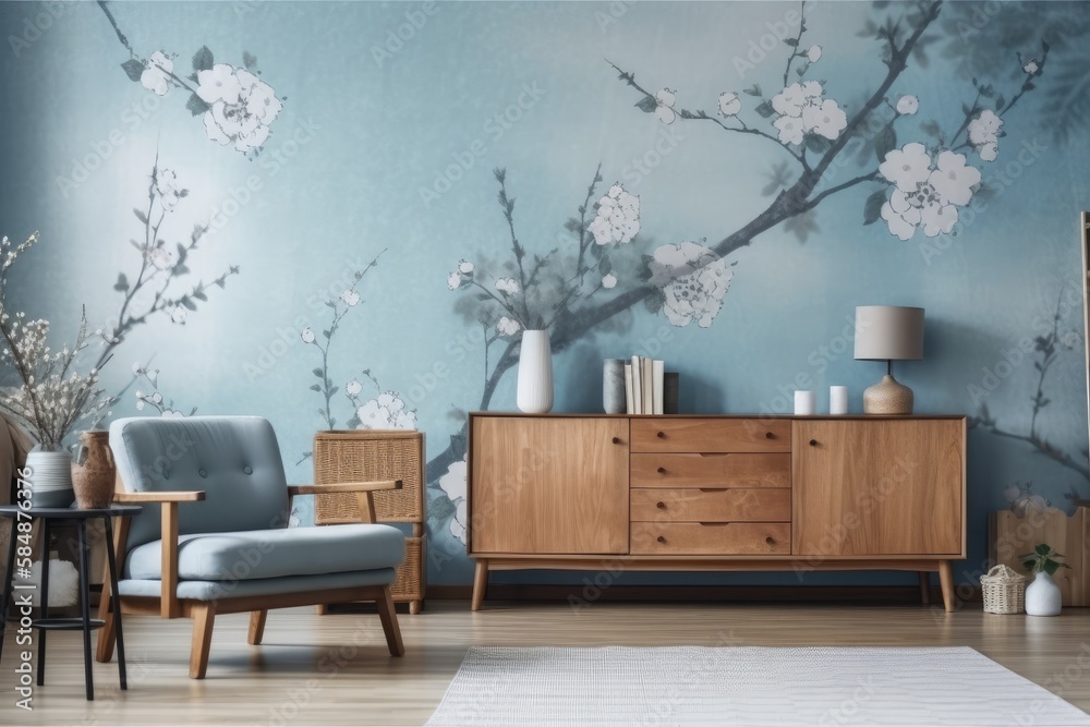 White and blue Japanese living room. Wooden dresser with wall mockup. Wallpaper, parquet. Modern dec