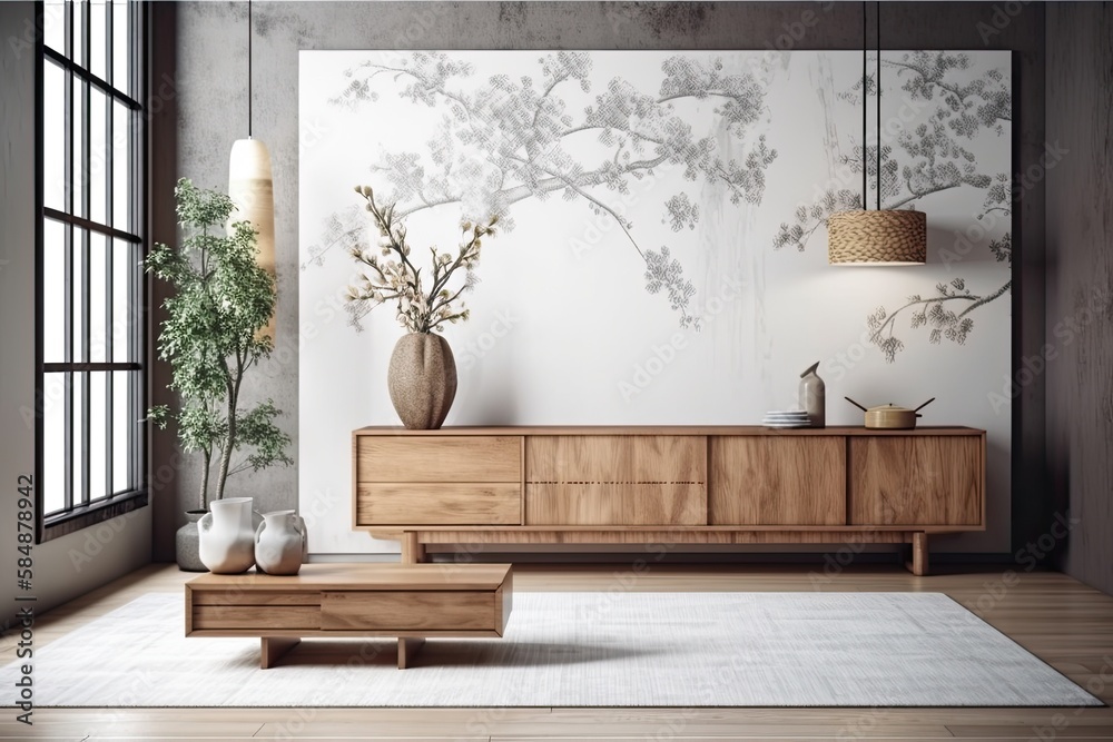 Japanese living room, all white proposal draft. Wooden dresser with wall mockup. Marmoleum. Modern d